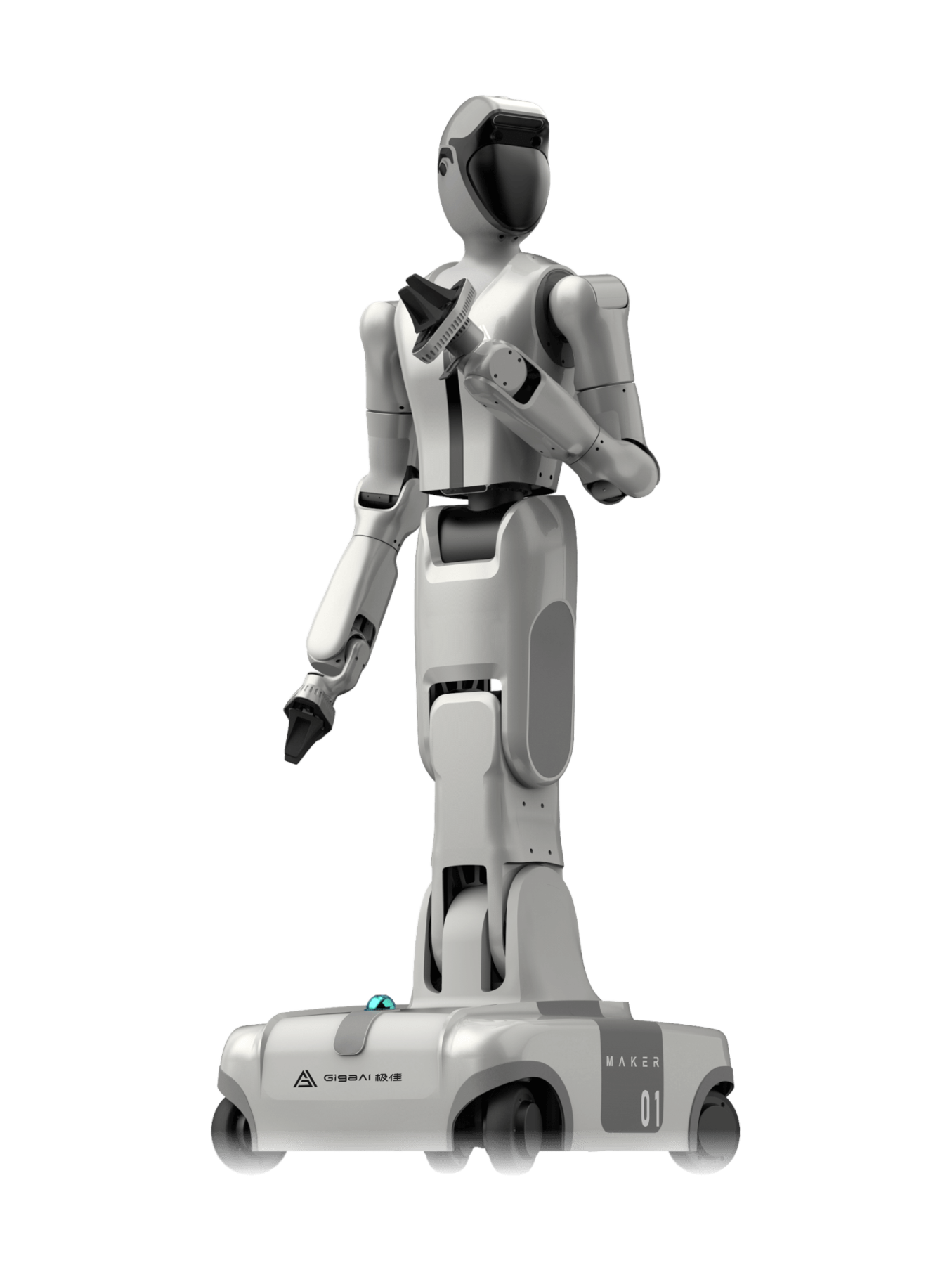 GigaAI Maker H01, white and grey humanoid upper body on a white wheeled base, seen at an angle from the front, manufacturer rendering