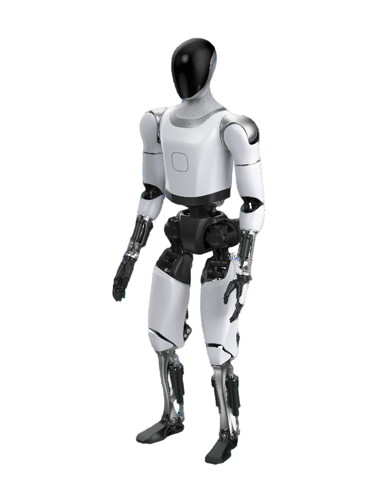 Guohua Intelligent Yunyi No. 2, white biped humanoid with a smooth black head, seen from the front at an angle