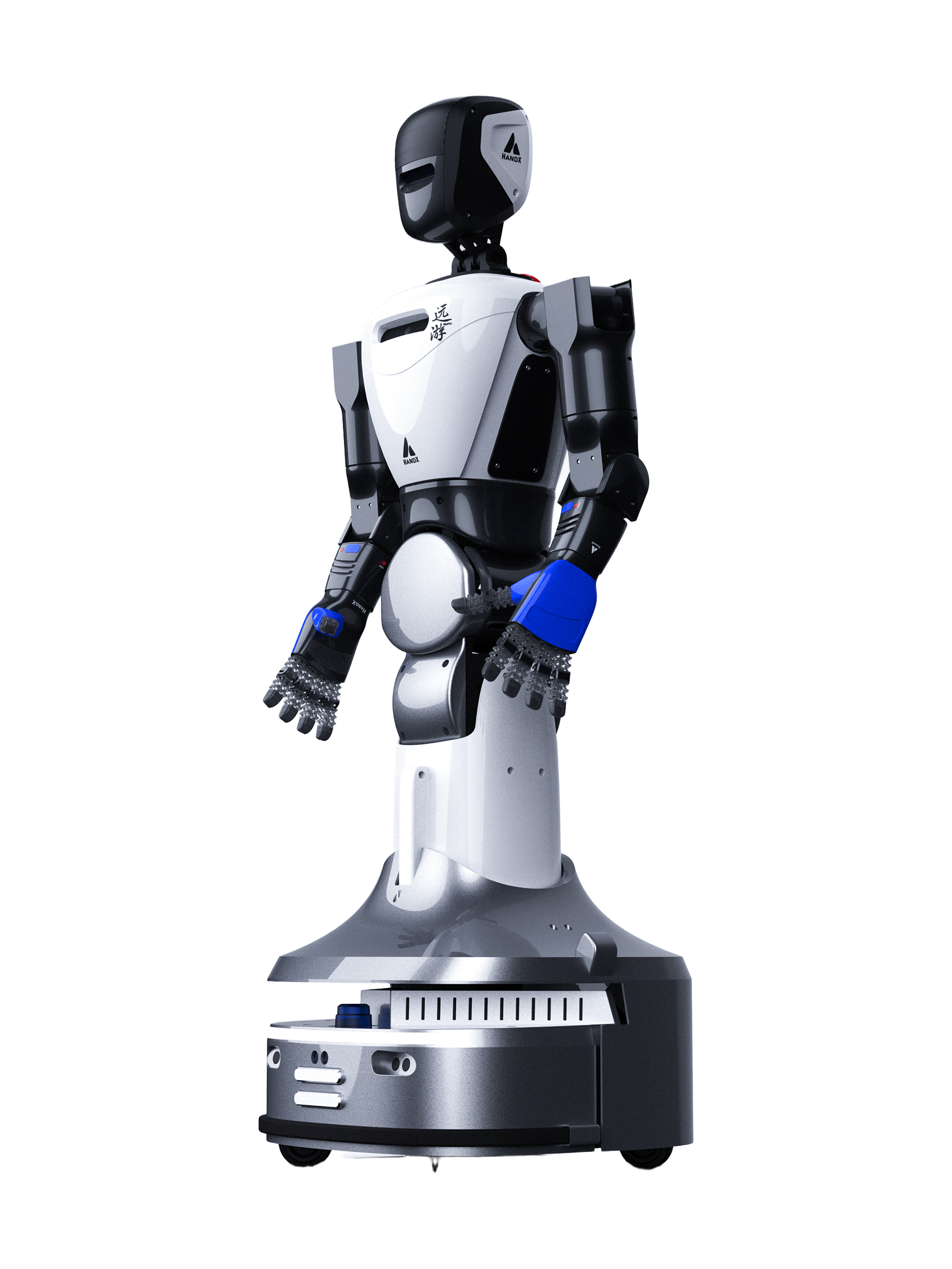HandX Yuanyou, white and black humanoid upper body with a black helmet-like head, blue wrists and fingered hands on a white column above a silver round wheeled base, seen at an angle from the front, manufacturer rendering