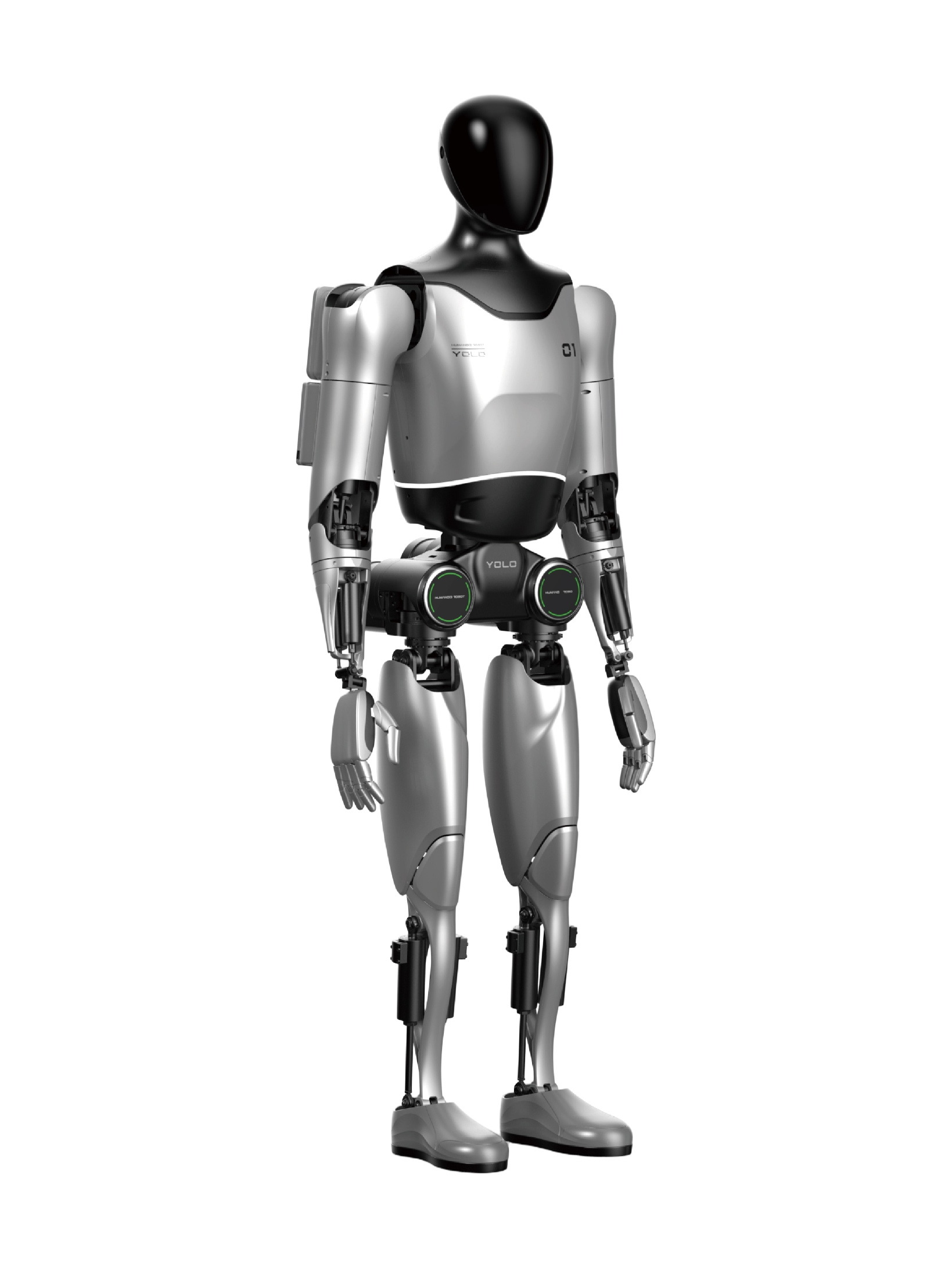 HCFA YOLO-01, silver and black bipedal humanoid with a glossy black head, standing with its arms down, seen at an angle from the front, manufacturer rendering