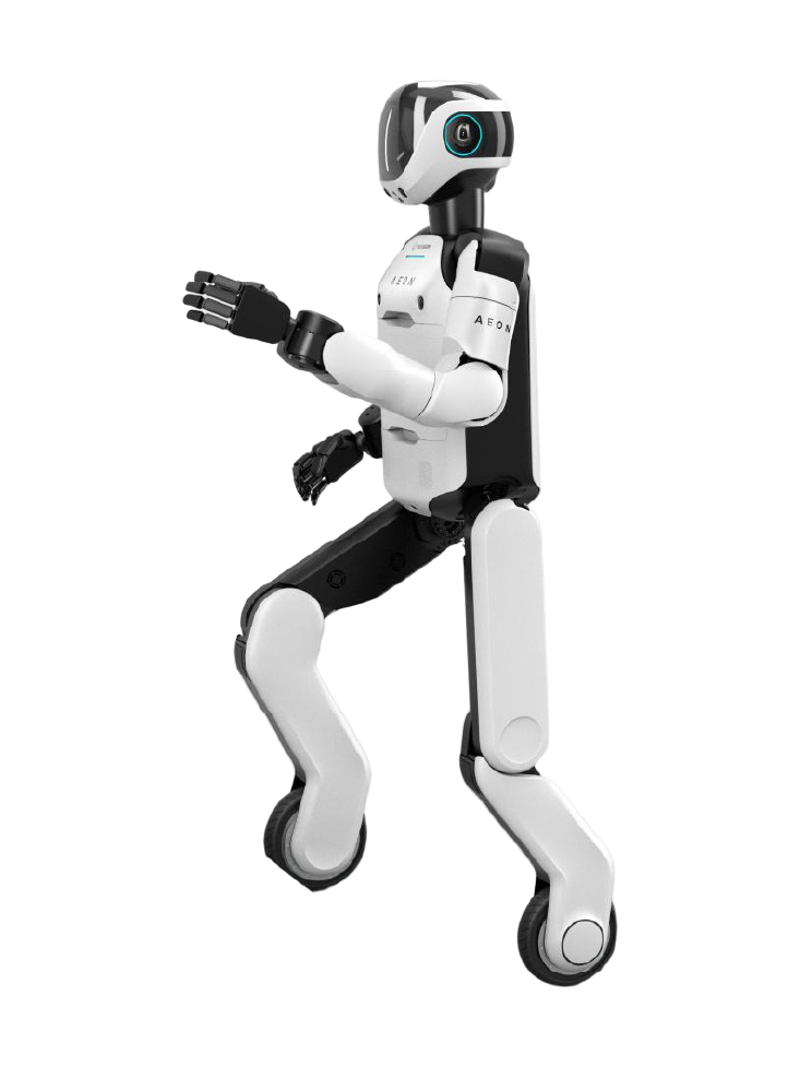 AEON from Hexagon, a white and black humanoid with a black helmet and a glowing circular sensor, two arms with five-finger hands and legs with wheels at the feet, seen from the side