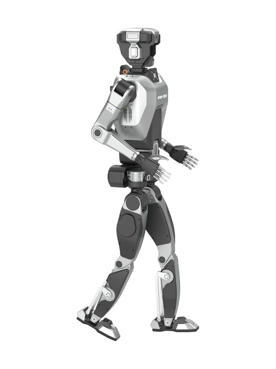 HFun-Tech HM01, silver and dark grey bipedal humanoid with an angular head with a camera unit and black hands, walking, seen from the side, manufacturer rendering