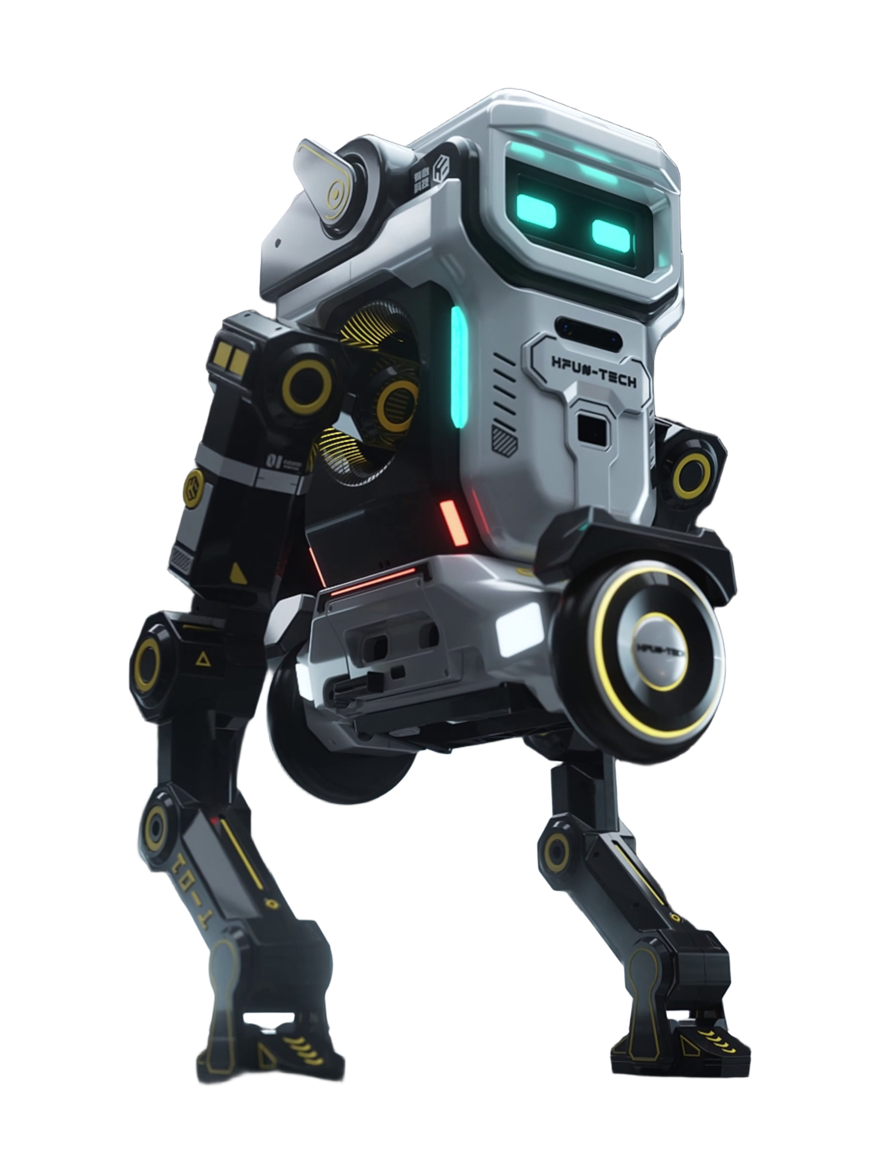 HFun-Tech T01, white box-shaped robot with a screen face with two turquoise eyes, black legs with yellow rings and two wheels at the hips, standing on two legs, seen at an angle from the front, still from the manufacturer's rendered video