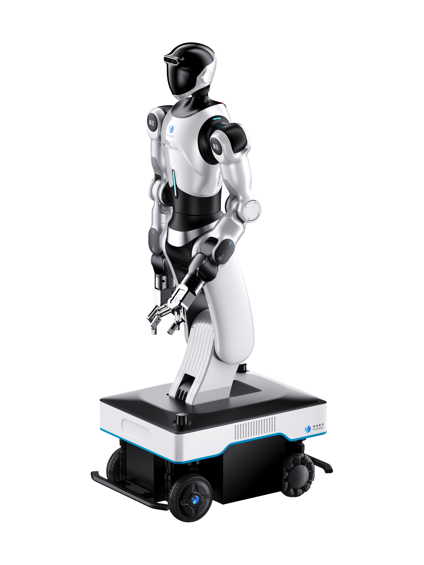 HHS Juliet, white and black robot with a black helmet head with a camera bar, a white upper body with a blue light strip, two arms with grippers, on a white and black wheeled base, seen at an angle from the front, manufacturer rendering