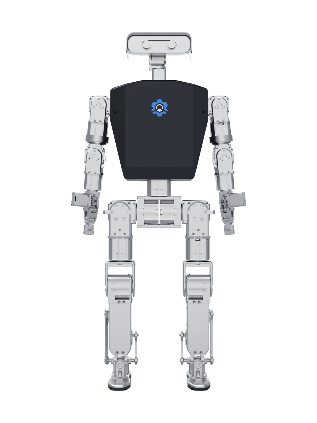 Mini Hi, silver bipedal humanoid with a black torso carrying a blue gear logo and a wide silver camera head, seen from the front, manufacturer rendering