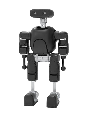 High Torque Robotics Mini Pi Plus, small black bipedal humanoid robot with a camera head, seen from the front, product image