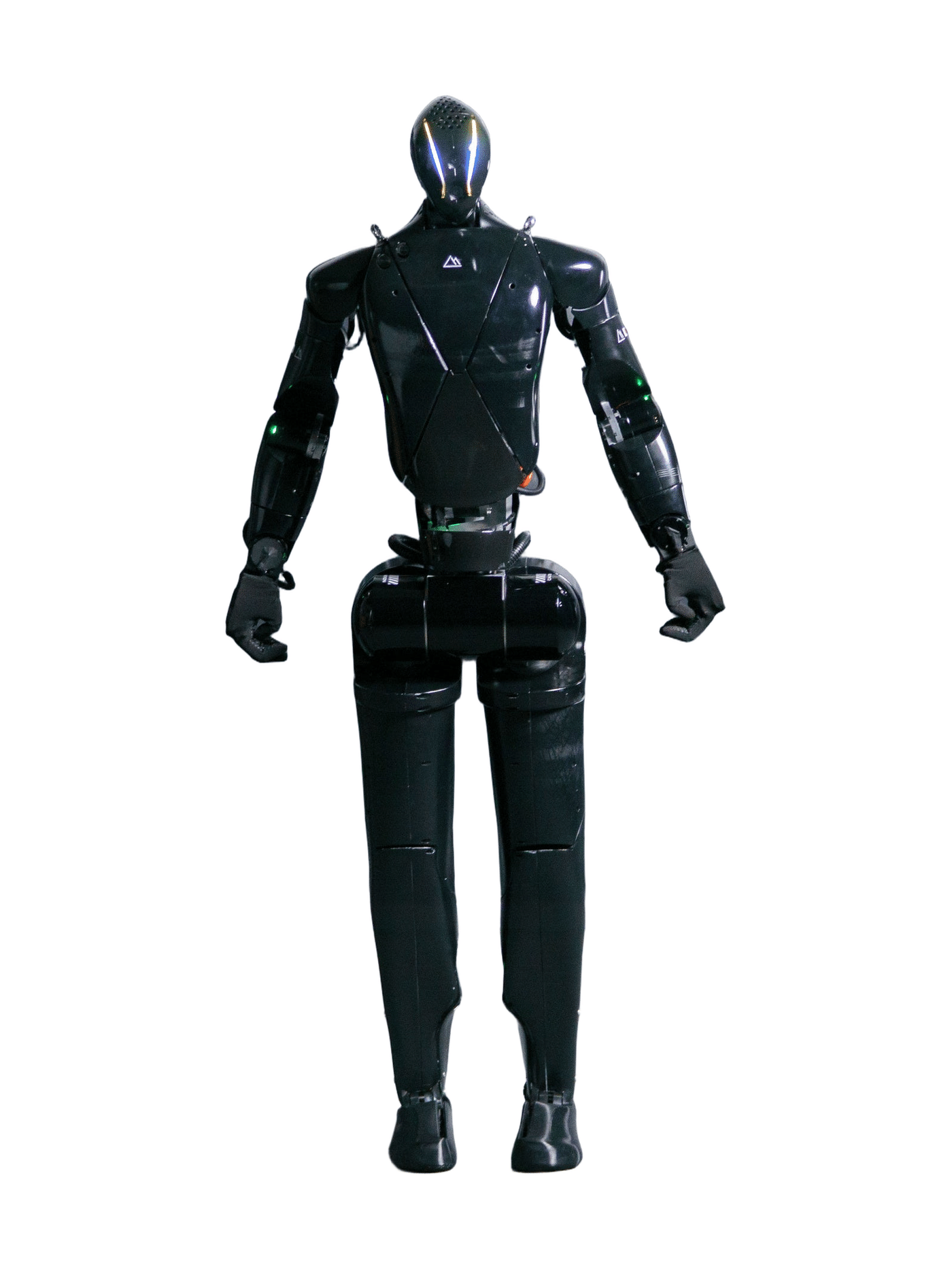 Highlanders N, a full-body black humanoid with a glossy black torso, a smooth face visor and black hands, seen from the front