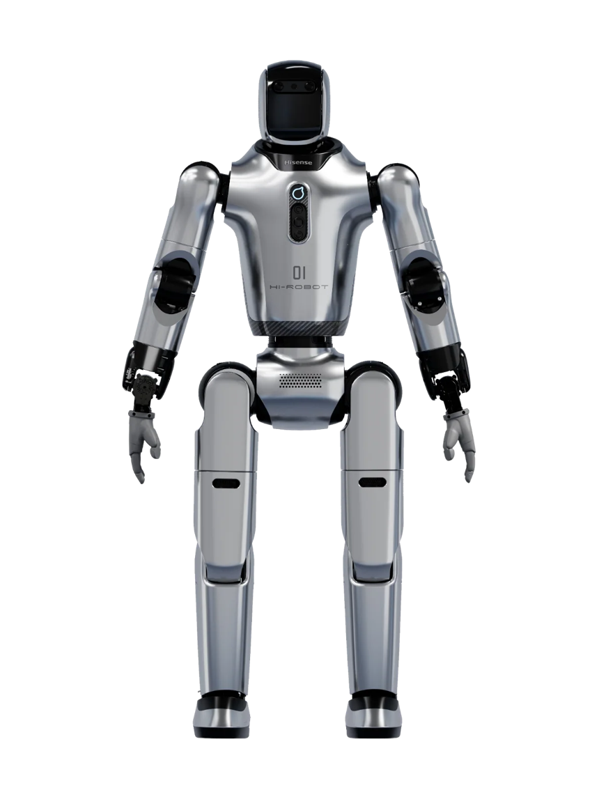 Hisense Harley, silver humanoid robot with a black face screen and "01 HI-ROBOT" on the chest, standing front-on with arms hanging