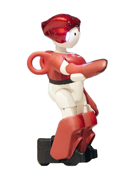 Hitachi EMIEW4, red and white humanoid on a wheeled base with a red helmet-like head, white face and a glowing LED on the side of the head, one arm stretched forward, seen at an angle from the side, manufacturer photo
