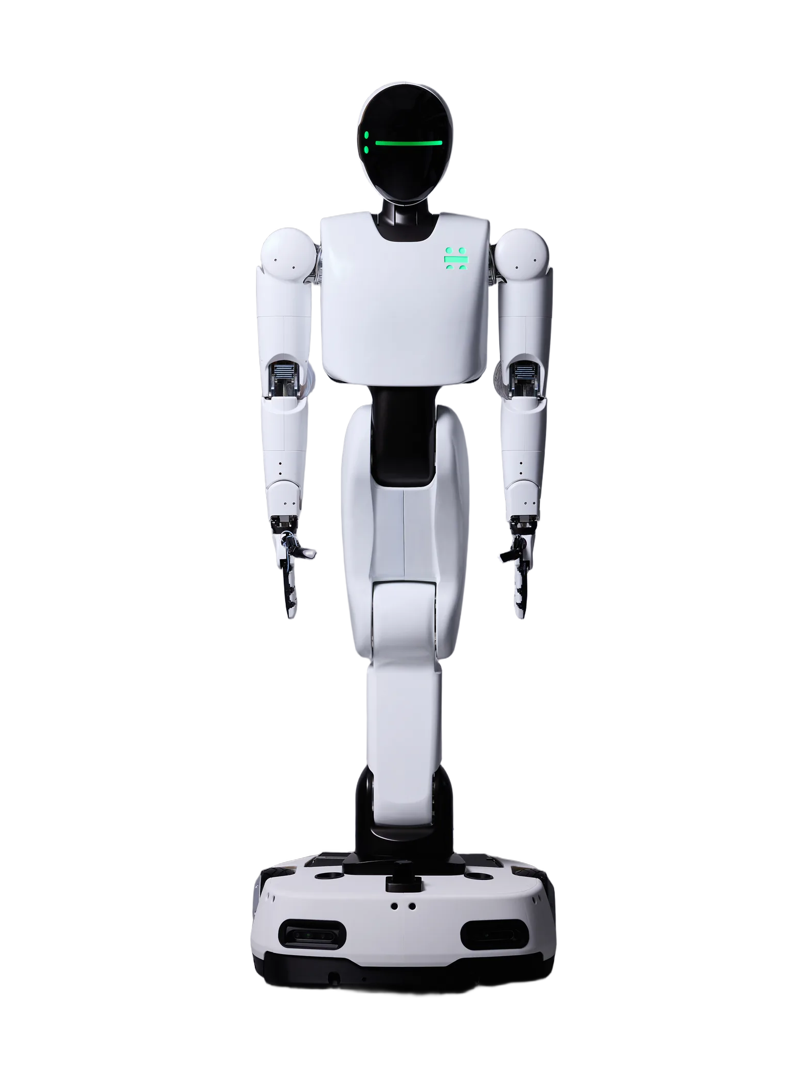 Holiday Robotics FRIDAY, white humanoid upper body with a black head with a green light strip on a white and black column above a white wheeled base, seen from the front, manufacturer photo