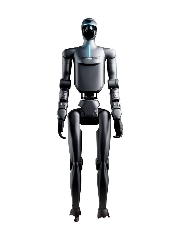 HONOR A1, dark grey bipedal humanoid robot seen from the front, manufacturer rendering