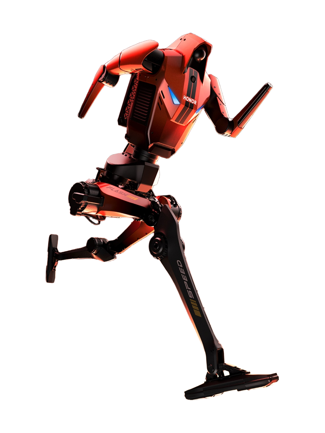HONOR D1, red and black bipedal humanoid with a red torso bearing the HONOR logo and blue light strips, short red arms, black legs marked SPEED and long flat feet, running, seen at an angle from the side, manufacturer rendering
