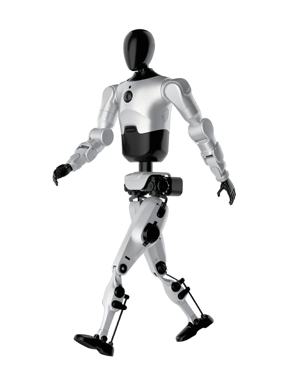 Hubei Qiling Shennong, white and black bipedal humanoid with a black oval faceless head, a black midsection and visible joints and struts in the legs, walking, seen at an angle from the front, manufacturer rendering