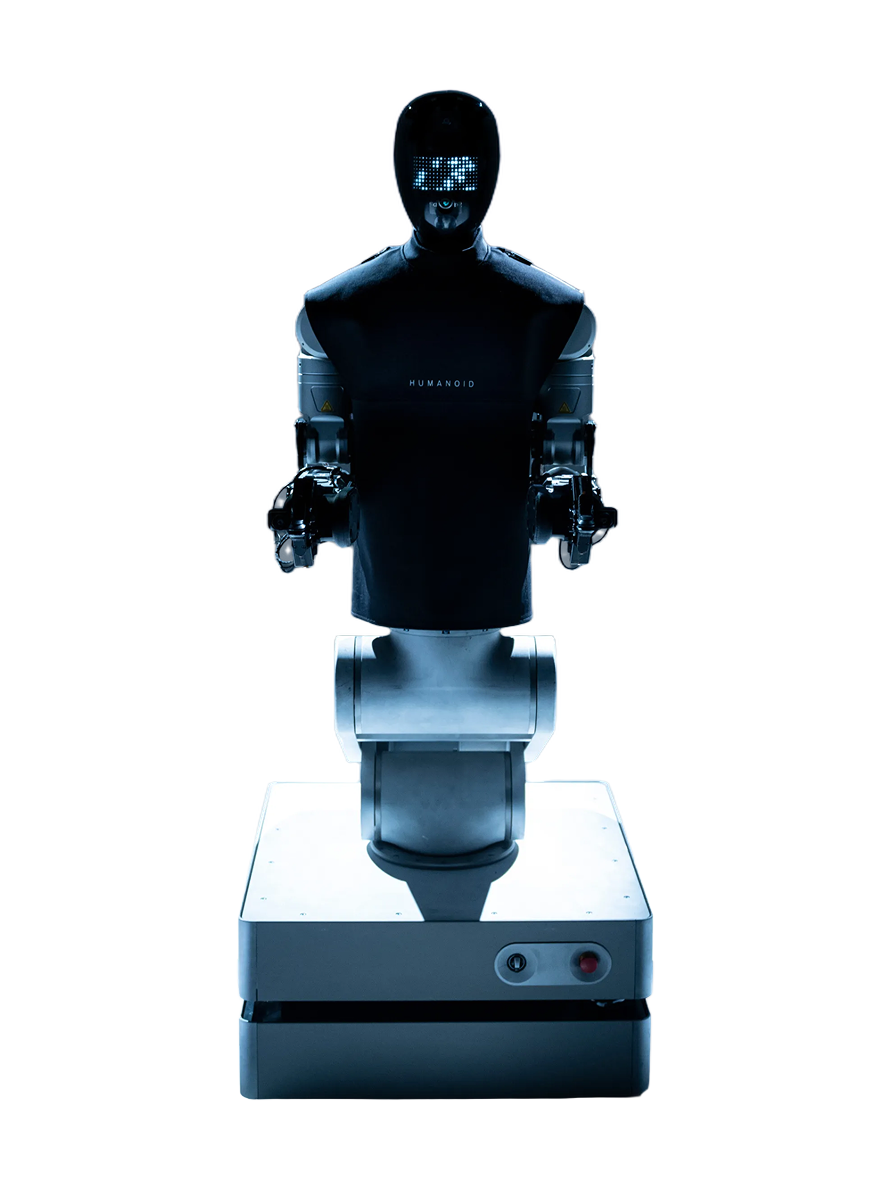 Humanoid HMND 01 Alpha Wheeled, black upper body with two arms on a column and a square wheeled base, manufacturer image