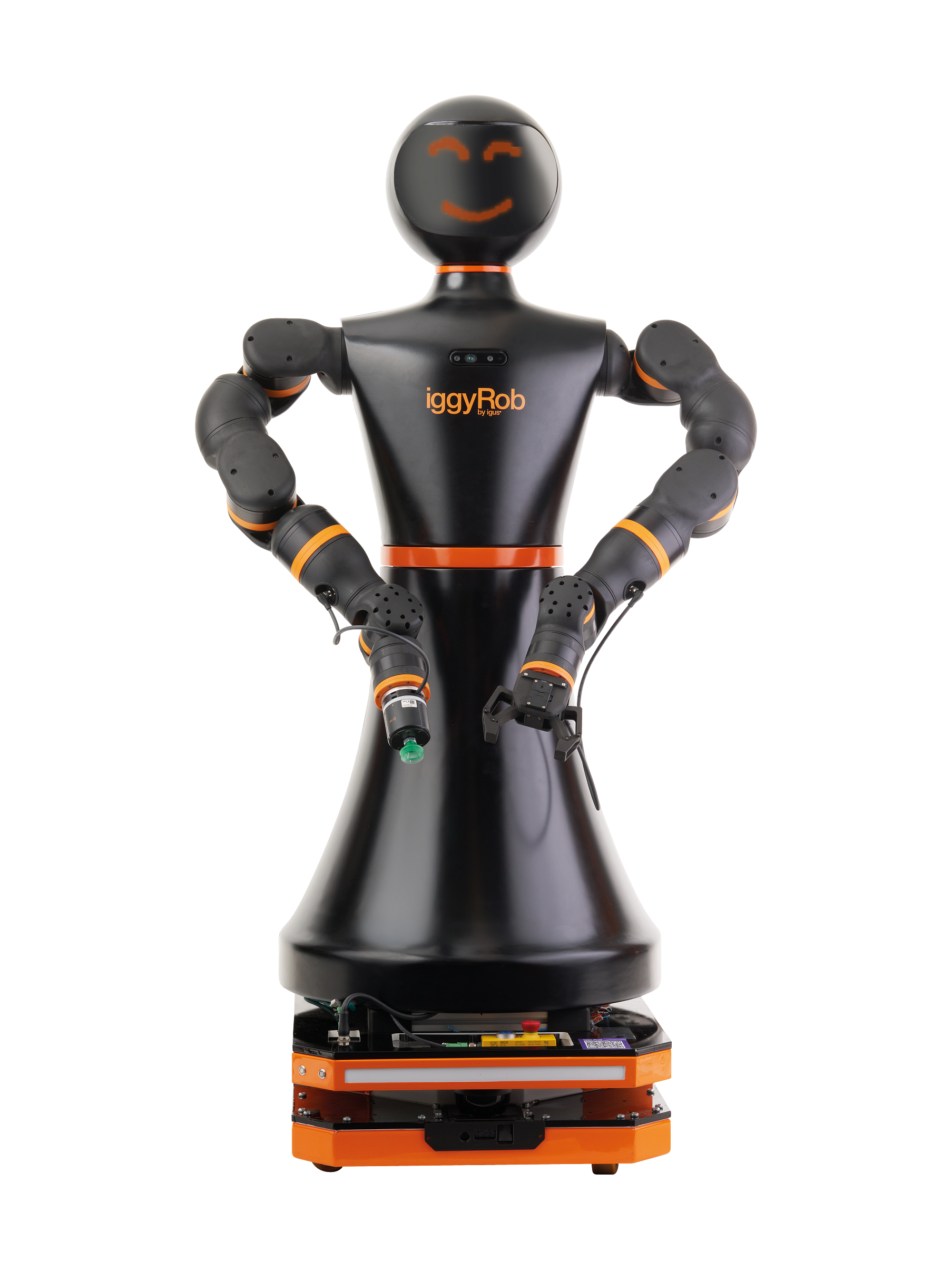 igus iggyRob, black humanoid upper body with a round head, orange stripes and two arms on an orange wheeled base, seen from the front, manufacturer photo