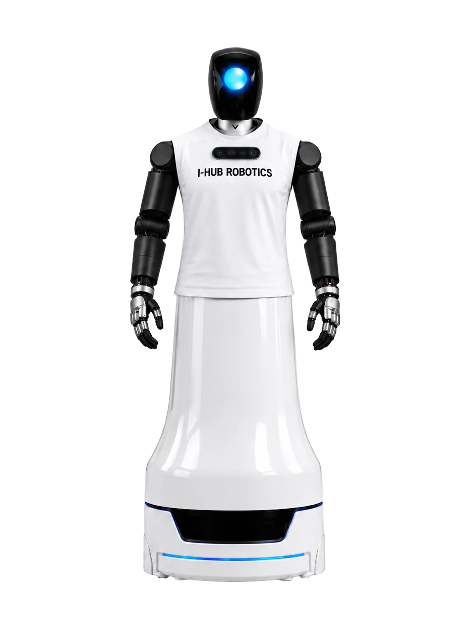 iHub Robotics Daksha, black and white humanoid with a round glowing blue face, a white vest and black arms on a white skirt-shaped base, seen from the front, manufacturer image