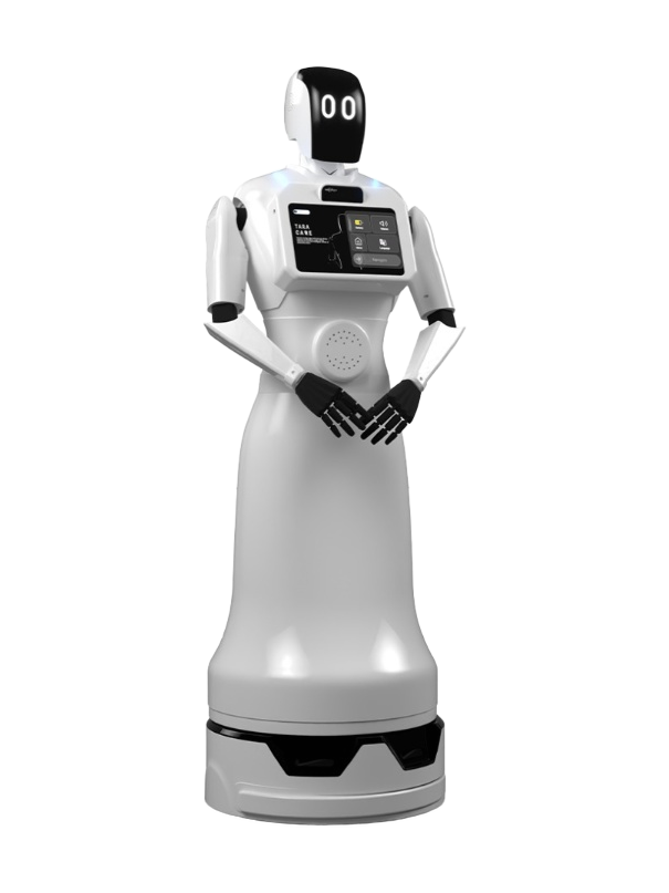 iHub Robotics TARA, white humanoid with a black screen face showing two eyes and a screen on the chest on a white skirt-shaped base, seen from the front, manufacturer image