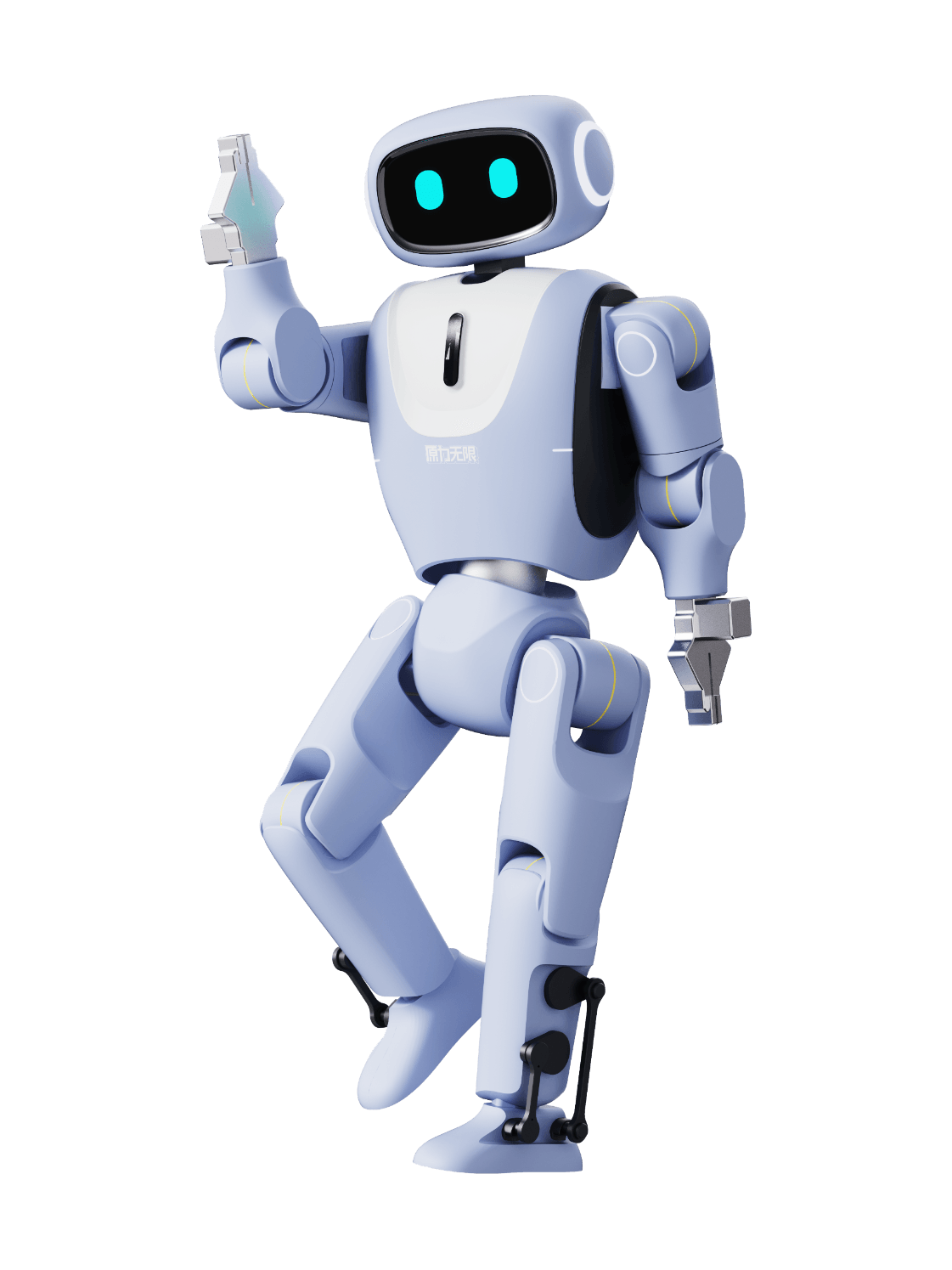 INFIFORCE YUANZI, light-blue humanoid robot with a black face screen and two cyan eyes, a white chest panel and grey gripper hands, standing on one leg with the left arm raised