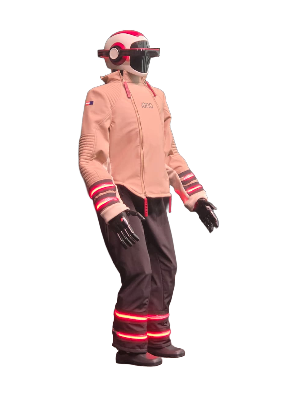 IONO WORKMATE, humanoid robot in a beige jacket with the iono logo and black trousers with red light bands, a white and red helmet with a black visor and black robotic hands, standing, seen at an angle from the front, manufacturer photo