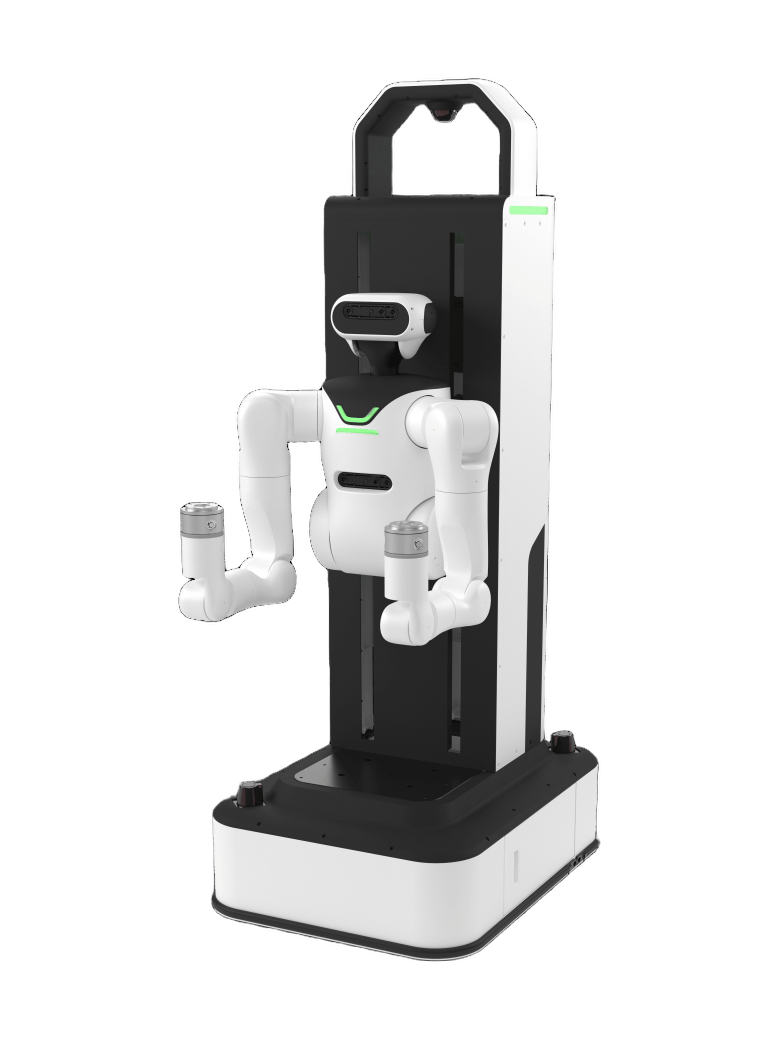 JAKA Kargo, a white-and-black wheeled humanoid with two white arms with grippers, a camera head and a tall black column on a low white cart, seen from the front at an angle