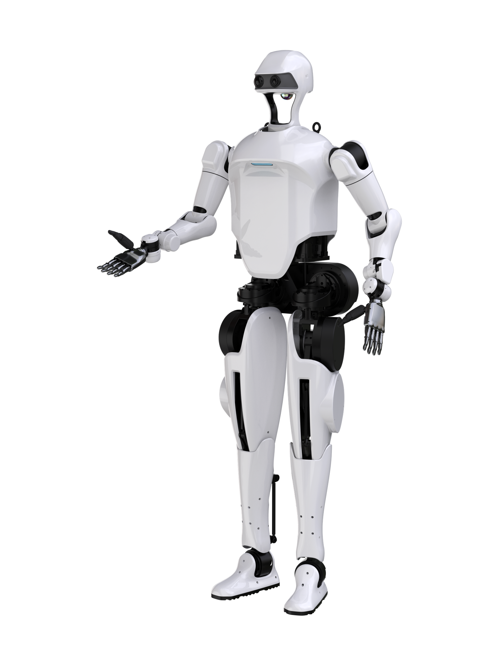 JiangHuai Qijiang, white bipedal humanoid with black joints and hip actuators, a head with two cameras, standing with its right hand held out palm up, seen at an angle from the front, manufacturer rendering