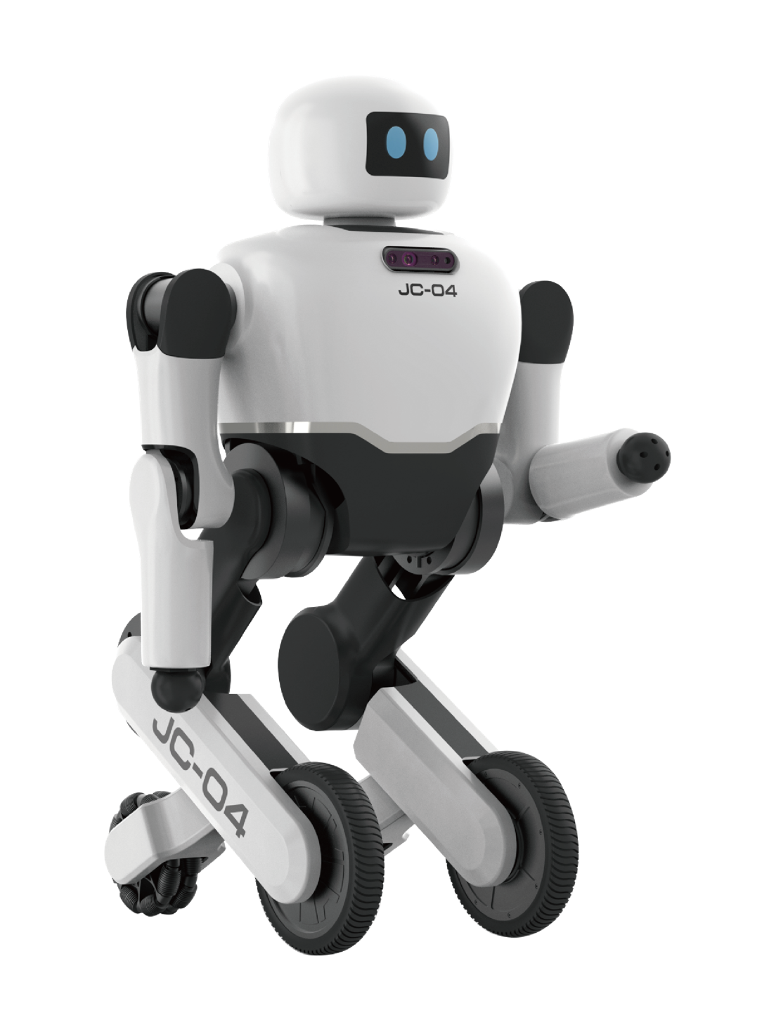 Jingchu Xiaochu, white robot with a round head with two blue eyes and black and white jointed legs that end in wheels, one arm stretched forward, seen at an angle from the front, manufacturer rendering