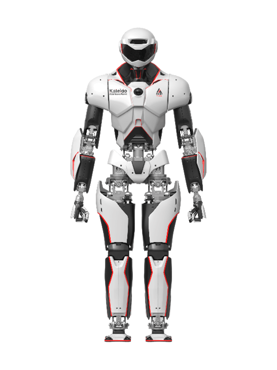 Kawasaki Kaleido 9, white, black and red bipedal humanoid with a helmet-shaped head, seen from the front, manufacturer rendering