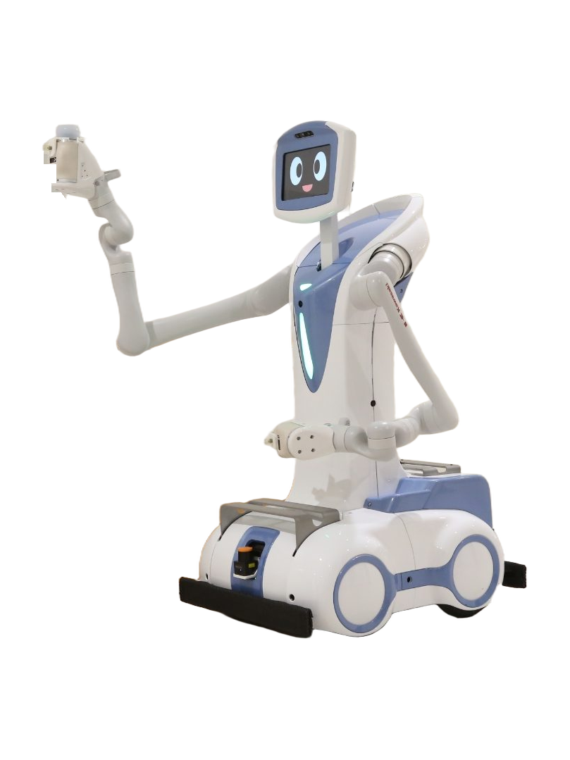 Kawasaki Nyokkey, white and light blue service robot on a wheeled base with a screen head showing a drawn face and two robot arms, one raised with a gripper, seen at an angle from the front, manufacturer photo