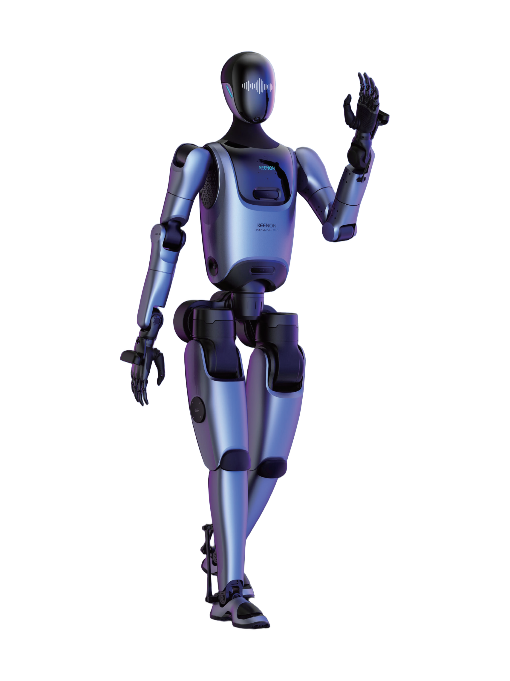 KEENON XMAN-F1, bluish silver bipedal humanoid with a black head and one hand raised, walking, seen from the front, manufacturer rendering