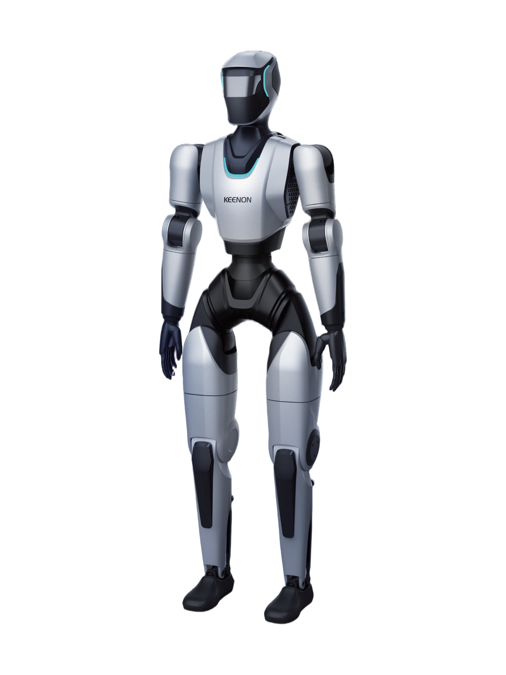 KEENON XMAN-L1, silver and black bipedal humanoid with a black visor, standing with its arms down, seen from the front, manufacturer rendering