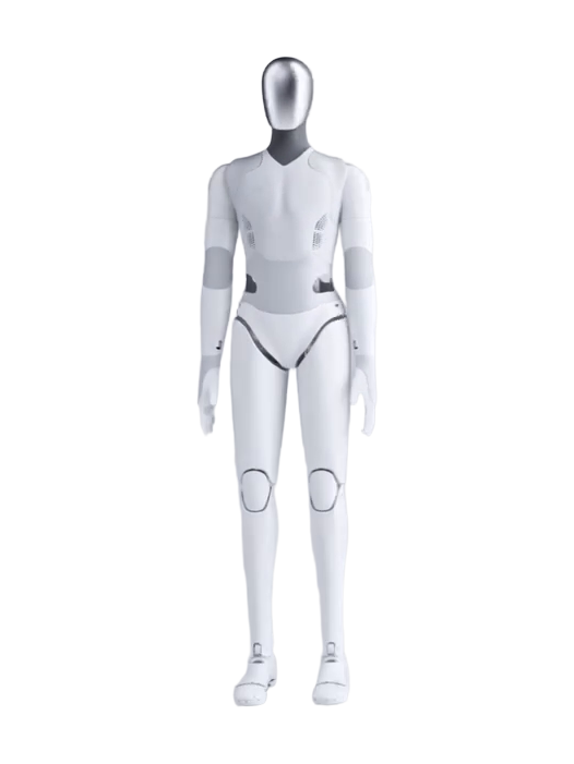 Kinetix AI KaiBot, white bipedal humanoid with human body proportions, grey bands around the upper arms and a faceless mirror-polished silver head, standing upright with its arms down at its sides, seen from the front, still from the manufacturer's video
