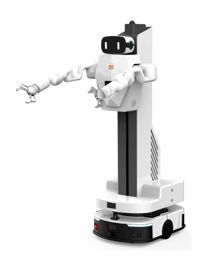 Lanxin VB1-I, white robot with a black screen face and one long white arm stretched out on a white column above a white and black wheeled base, seen at an angle from the front, manufacturer rendering