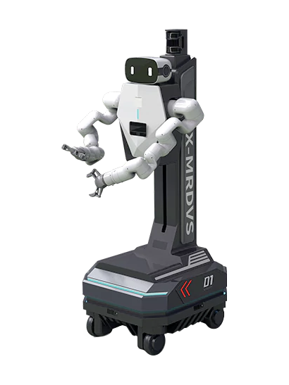 Lanxin VB1, white robot upper body with a black screen face and two white arms on a black column above a dark grey wheeled base, seen at an angle from the front, manufacturer rendering