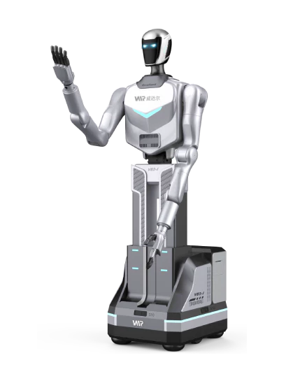 Lanxin VB2, silver and white humanoid upper body with a black visor and one hand raised on a grey wheeled base, seen at an angle from the front, manufacturer rendering