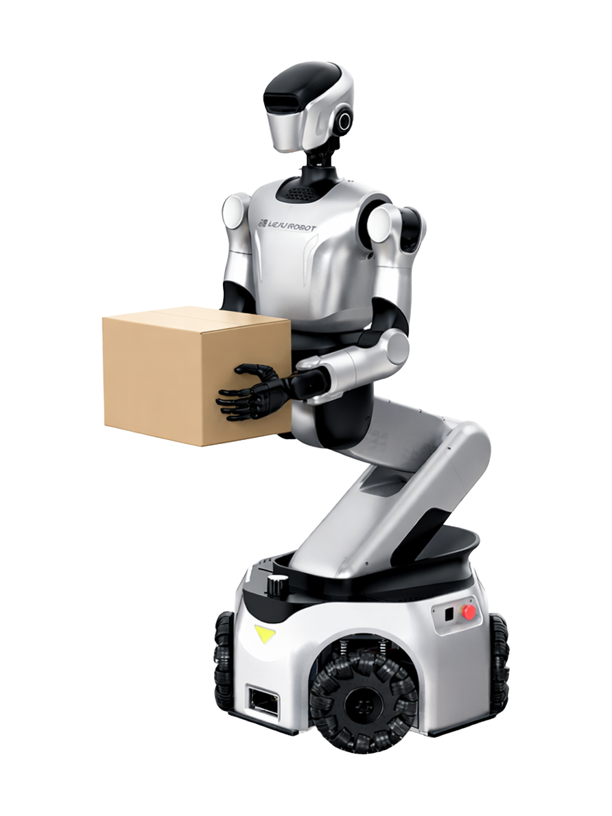 Leju KUAVO 5-W, silver humanoid upper body on a jointed torso and wheeled base, carrying a cardboard box, product image