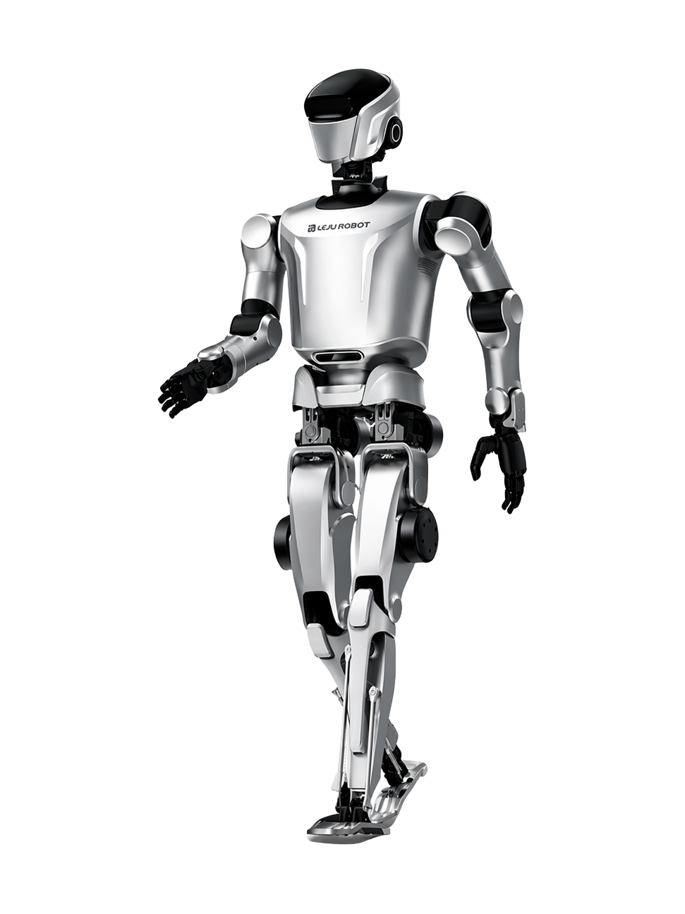 Leju KUAVO 5, silver bipedal humanoid robot mid-stride, seen from the front, product image