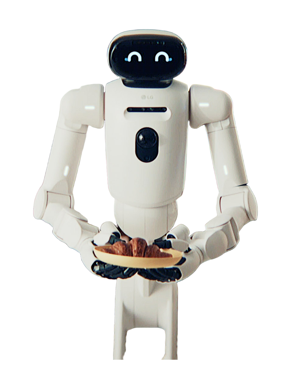 LG CLOiD, white home robot with a black head with smiling light eyes and two arms holding a plate of croissants, seen from the front, cropped below the torso, manufacturer image