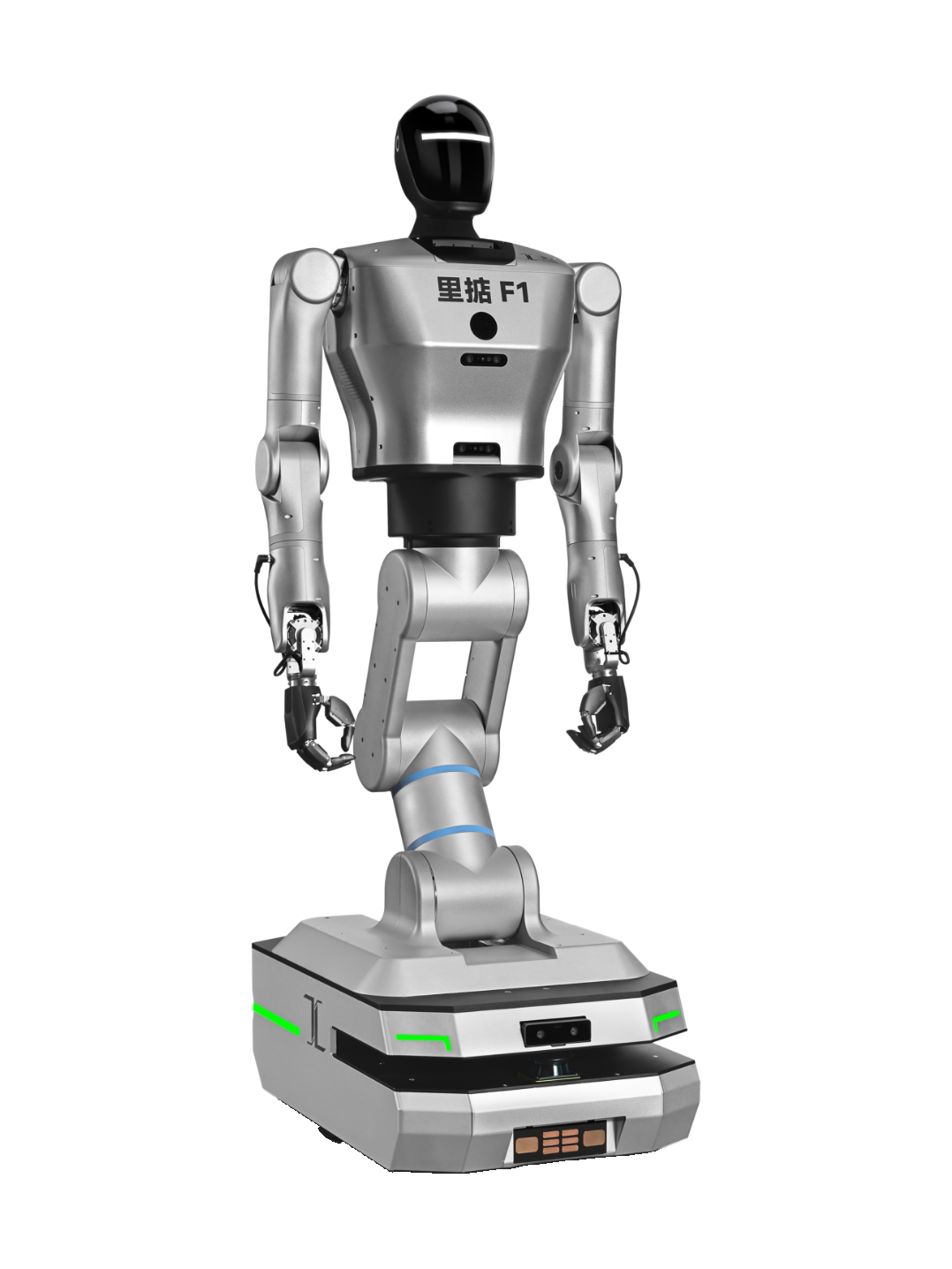 Li-Gong F1, silver-grey humanoid with a black head with a light strip, two robot arms with grippers and a folding waist on a rectangular wheeled base, seen at an angle from the front, manufacturer image