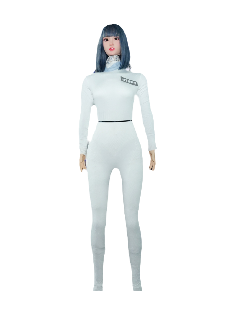 Liaode E1 Yiyi, white humanoid with a realistic female face and blue-grey bobbed hair with a fringe, a light scarf around the neck, a white long-sleeved top and white leggings with a black belt and a logo on the chest, skin-coloured hands, standing with arms slightly away from the sides, seen from the front, cropped at the ankles, manufacturer photo