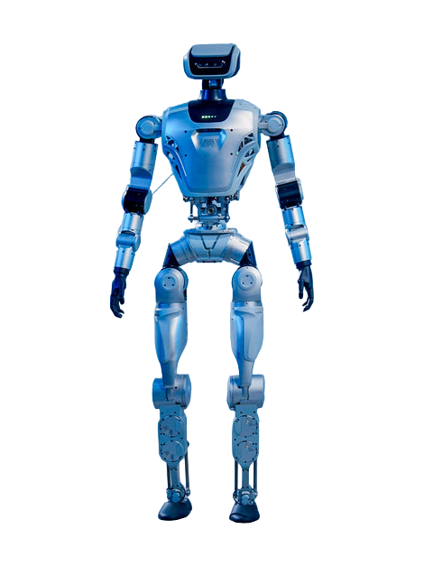 LimX Dynamics Oli, silver bipedal humanoid robot with a screen head in blue-tinted light, seen from the front, video still