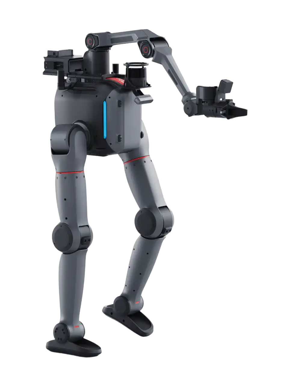 LimX Dynamics TRON 2, grey bipedal robot with a box-shaped body with a blue light strip, a robotic arm with a gripper mounted on top and black foot plates, walking, seen from the side, manufacturer rendering