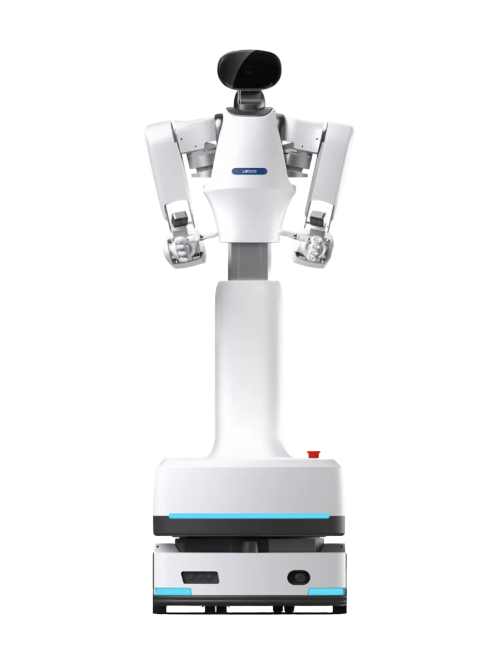 LINXROBOT-L1, white wheeled humanoid with a black head, two arms and a vertical column on a low mobile base, seen from the front, press photo
