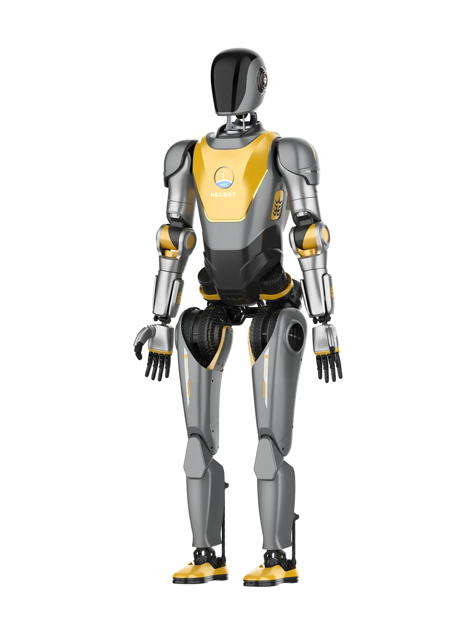 Lumen H1, silver-grey and yellow bipedal humanoid with a black oval faceless head and a yellow chest plate with the HECBOT logo, standing with its arms at its sides, seen at an angle from the front, manufacturer rendering