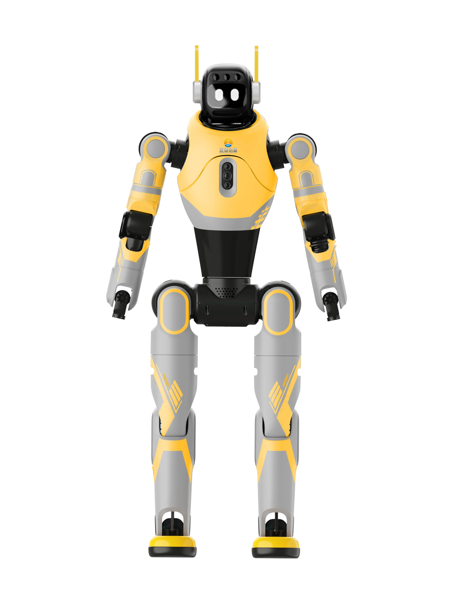 Lumen S1, yellow, light grey and black bipedal humanoid with a black screen head showing two glowing eyes and two yellow antennas, standing with its arms at its sides, seen from the front, manufacturer rendering