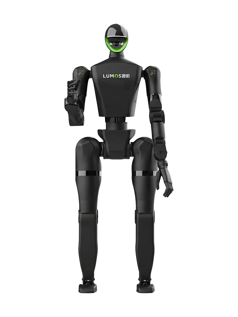 Lumos Robotics LUS2, black bipedal humanoid robot with a green light around the face, manufacturer product image