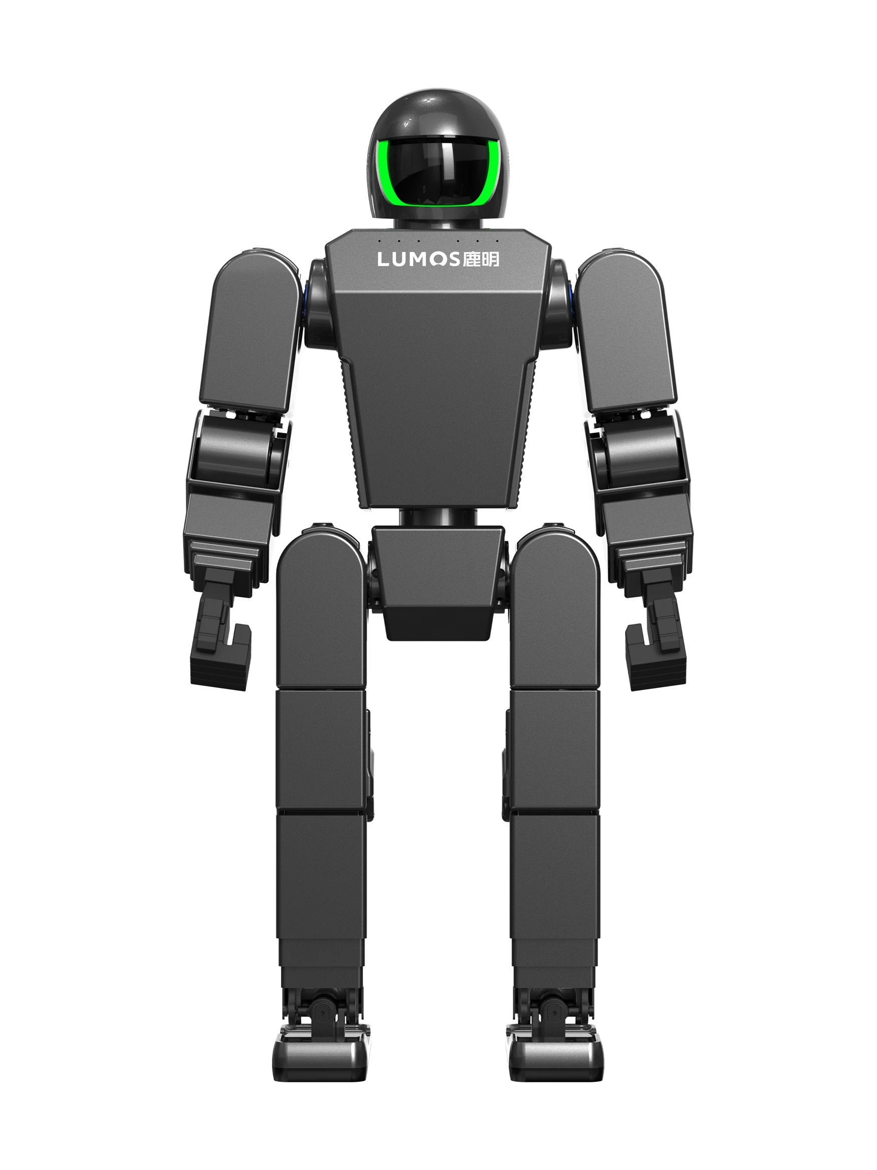 Lumos NIX S3, dark grey bipedal humanoid with a black helmet head with a green visor, standing with its arms down, seen from the front, manufacturer rendering
