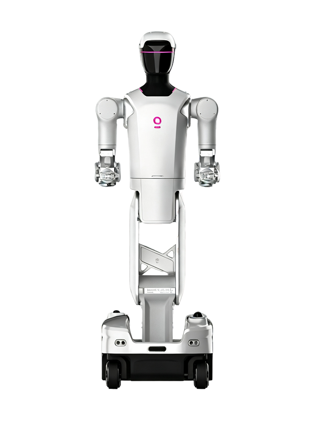 MagicLab MagicBot D1, white humanoid with a black face panel with a pink light strip, two arms with fingered hands and its upper body on a tall column on a wheeled chassis, seen from the front, manufacturer image