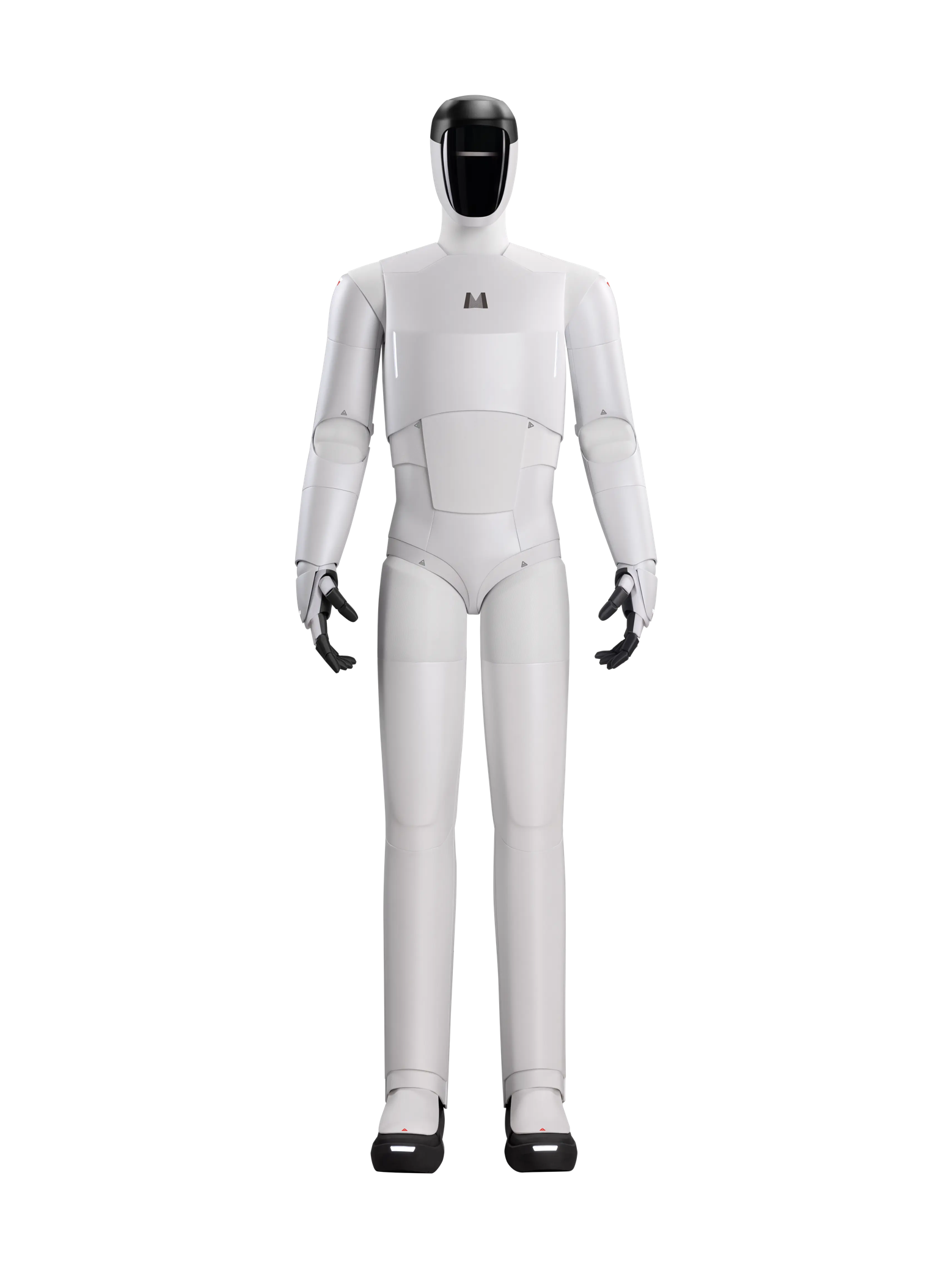 MATRIX-1, white humanoid with a black visor over the face, an M logo on the chest, black hands and black foot soles with a light strip, standing with arms slightly away from the sides, seen from the front, manufacturer rendering