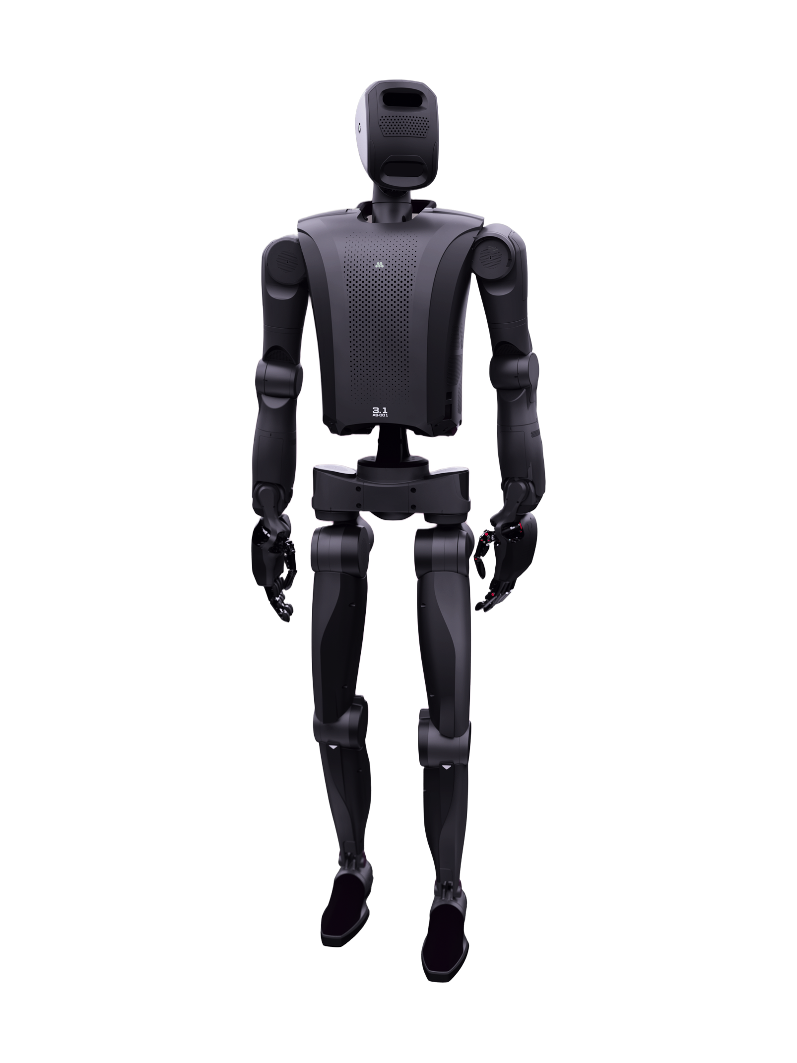 MenteeBot V3, dark grey bipedal humanoid with a narrow square head, seen from the front, manufacturer image
