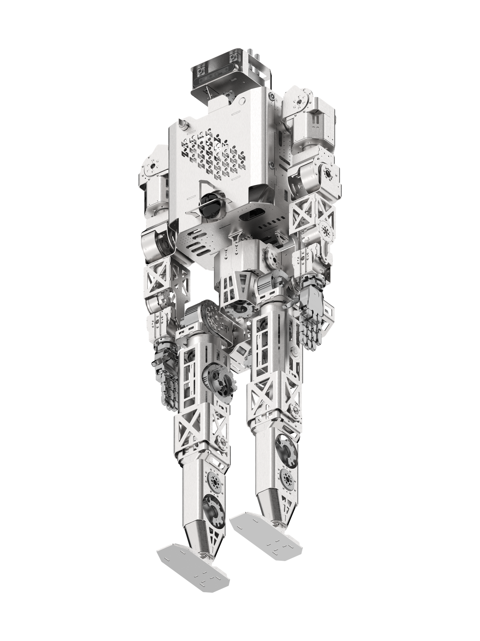 Minerva Humanoids Roger, silver humanoid with an exposed metal frame, a boxy torso, a black head module, slender arms with hands and two narrow legs with flat foot plates, standing seen at an angle from the front, manufacturer rendering